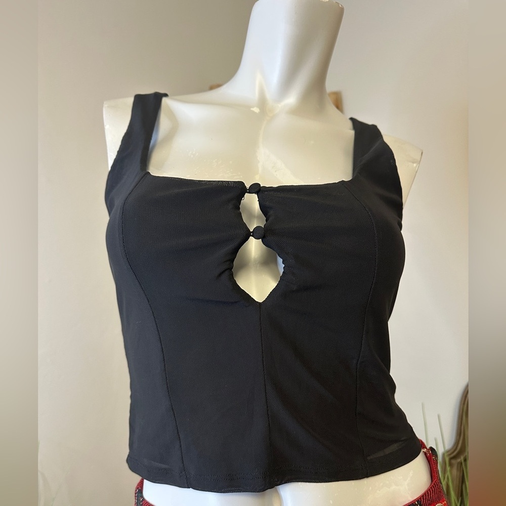 Bar III Women's Black Sleeveless Crop Top Sheer Overlay Keyhole Front Small NWT